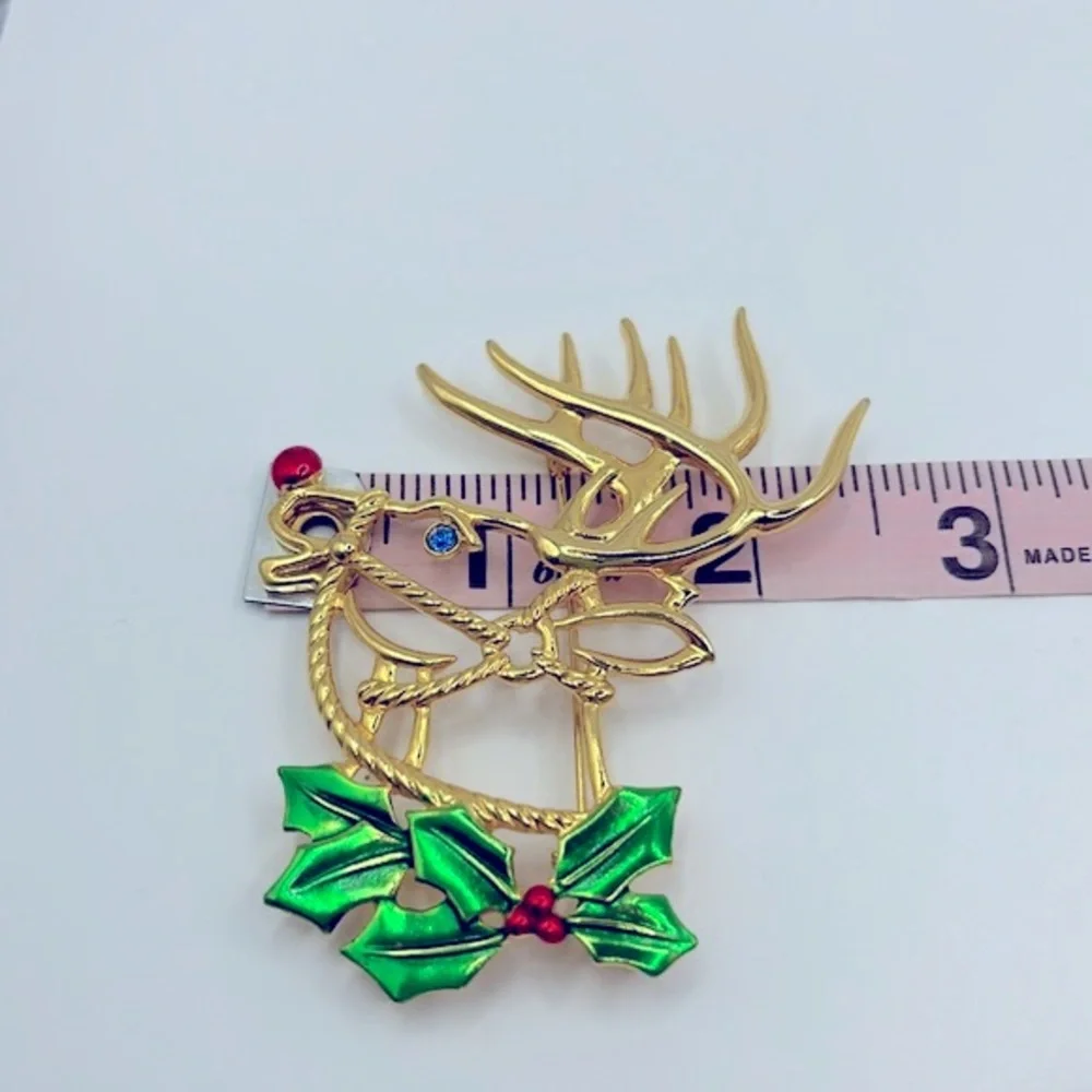 Vintage JJ Signed Large Reindeer Head Christmas Brooch